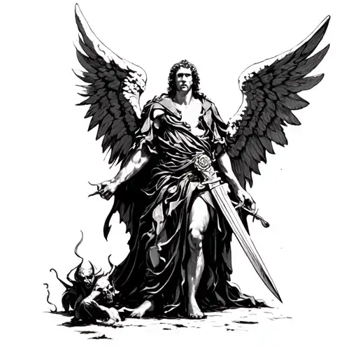 Michael arch angel holding a sword surrounded by demons tattoo design idea