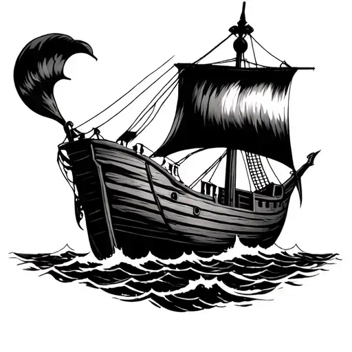 old wooden galleon ship sailing in from left on rough seas tattoo design idea