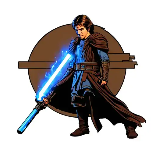 Central Motif – Anakin in Transition	•	Anakin stands tall, holding his blue lightsaber ignited in a strong warrior stan tattoo design idea