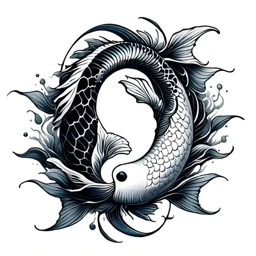 yin yang koi fish leave with a wave tattoo design idea