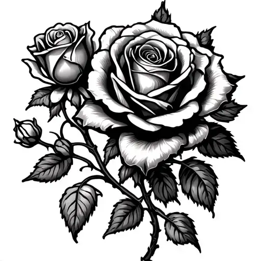 one big rose, 3 smaller roses, and 6 rose buds, all on a braided vine tattoo design idea
