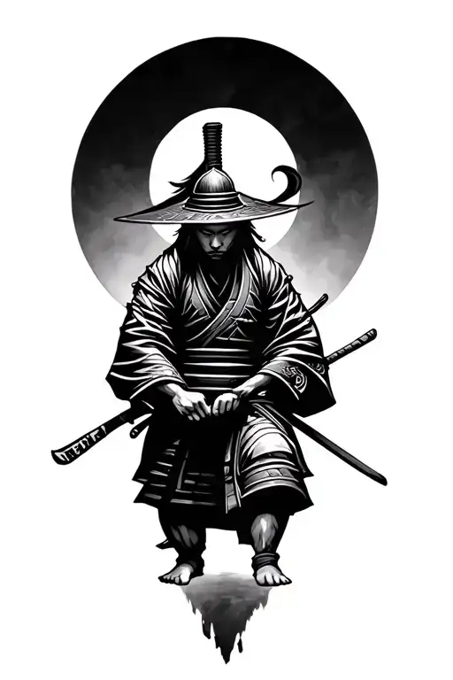Black and white fade-out tattoo of a samurai committing seppuku inside a circle tattoo design idea