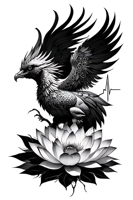 A Phoenix rising from a Lotus, wrapped by a Mandala & Heartbeat line tattoo design idea