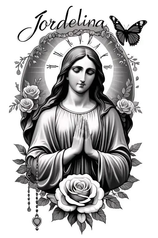 jesus, mother mary praying with the rosary, roses on the bottom, the name jordelina and a butterfly beside her name tattoo design idea