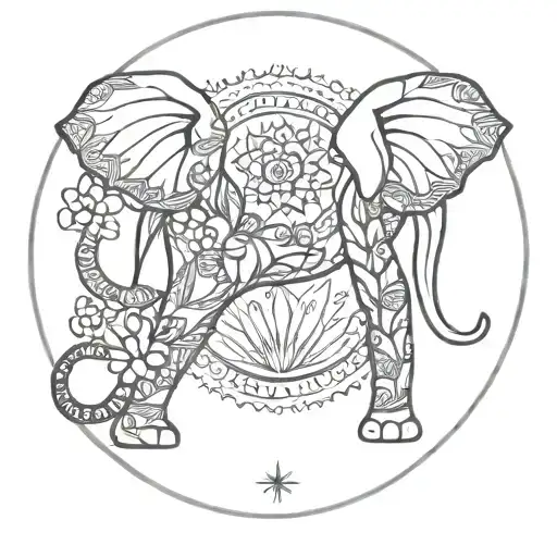 Elephant, fineline, mandala style, round, sun, moon, lily of the valley tattoo design idea