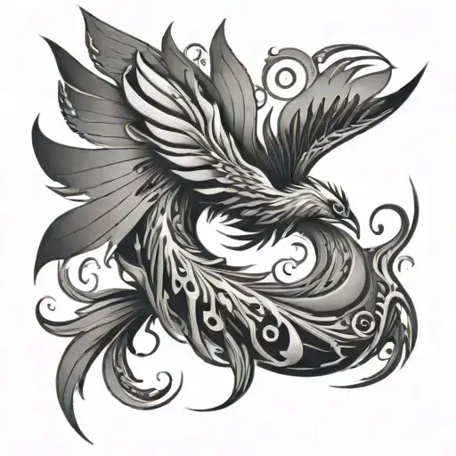 sleek, abstract depiction of a phoenix rising from a swirl of jagged waves. The wings, sharp and angular, extended outwa tattoo design idea