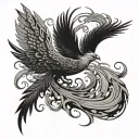 sleek, abstract depiction of a phoenix rising from a swirl of jagged waves. The wings, sharp and angular, extended outwa tattoo design idea
