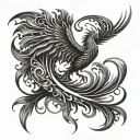 sleek, abstract depiction of a phoenix rising from a swirl of jagged waves. The wings, sharp and angular, extended outwa tattoo design idea