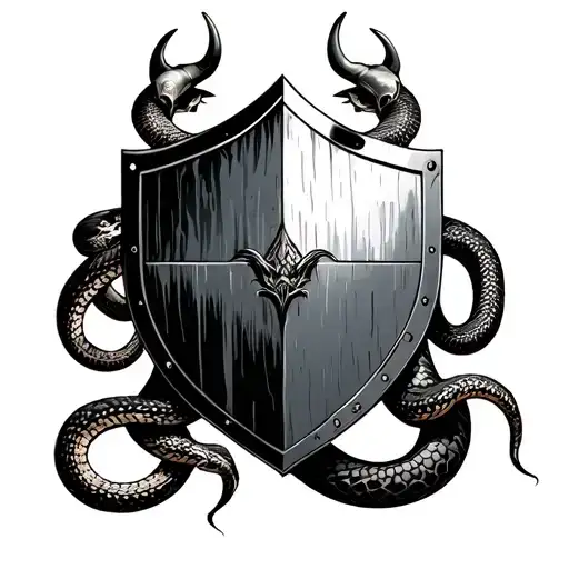 now add a snake on the shield connecting at the tail and a set of bullhorns tattoo design idea