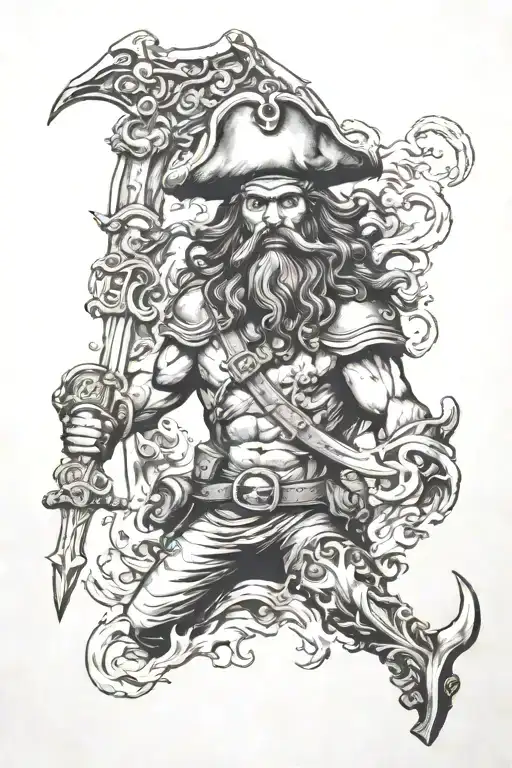 under water, Poseidon, pirates, Davie Jones watching tattoo design idea