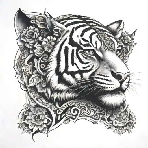 tiger face on top of his head a bouddha with a background of mandala  tattoo design idea