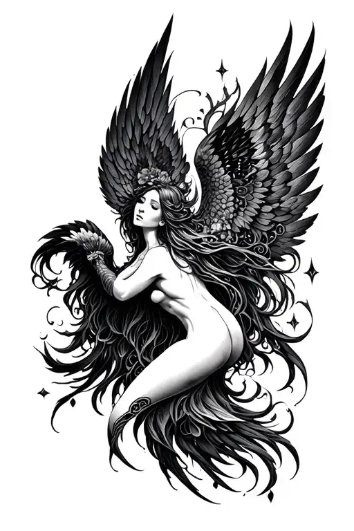 delicate elongated feminine yet sigilistic seraphim tattoo in a gorgeous almost engraved style. cyber yet mystical tattoo design idea