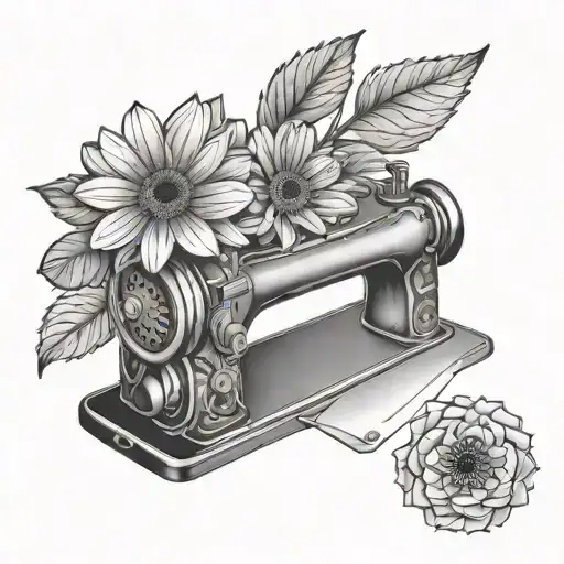finline gerbera, acorn leaf, sewing machine tattoo design idea
