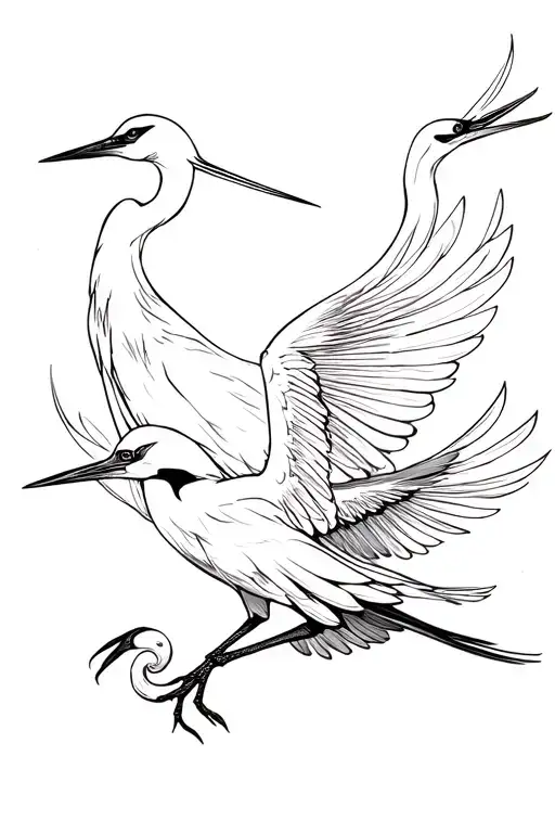 A sketch for a tattoo of elegant flying herons with black lines on a white background with thin lines without shadows, only a contour. Shadows are not over tattoo design idea