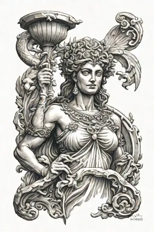 Ancient greek godess with with the atlantis as a backround tattoo design idea