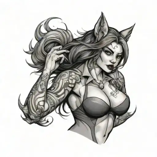 sexy werewolf girl, big boobs, wide hips tattoo design idea
