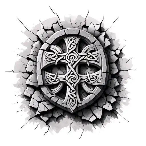 3d celtic cross made of stone but cracking tattoo design idea