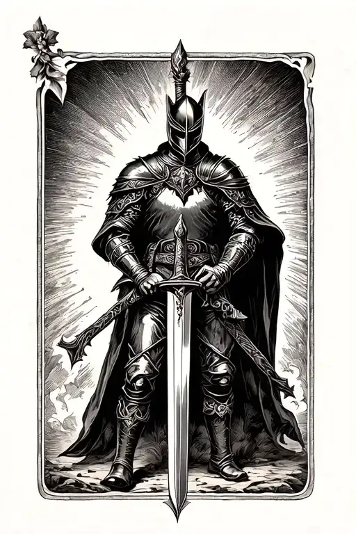 dark fantasy knight holding a sword tattoo design idea