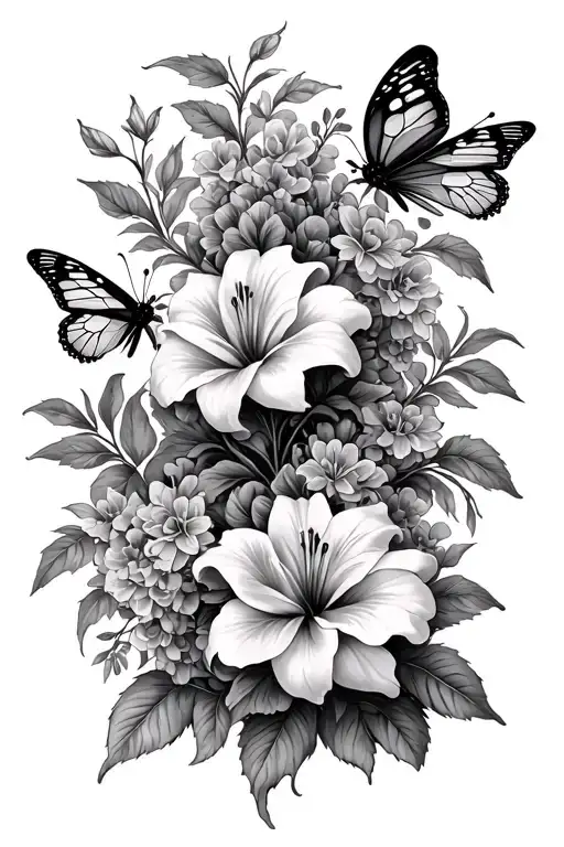roses lilies lilacs and butterflies intertwined tattoo design idea