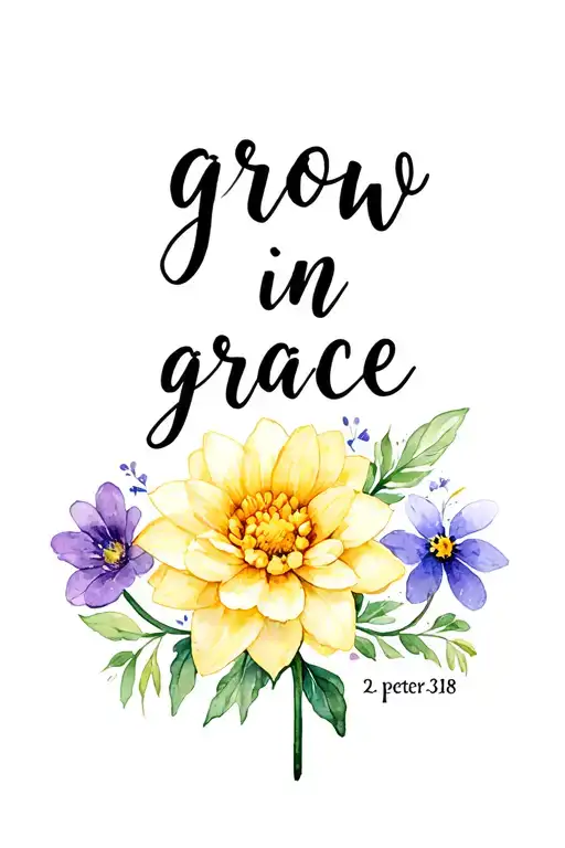 says "grow in grace - 2 peter 3:18" that includes a chrysanthemum, a daffodil, a cosmos, and a violet tattoo design idea