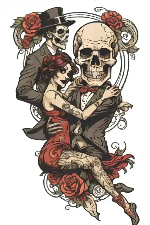 Girl that dancing with a skull guy well dressed  tattoo design idea