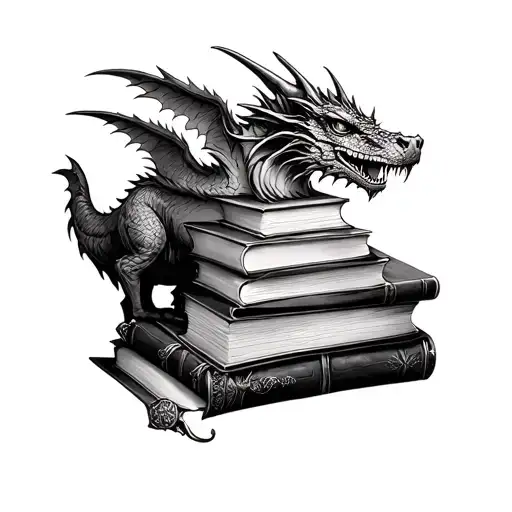 calf tattoo design with books, dragons, include elements from harry potter, fourth wing, haunting adeline, a court of th tattoo design idea
