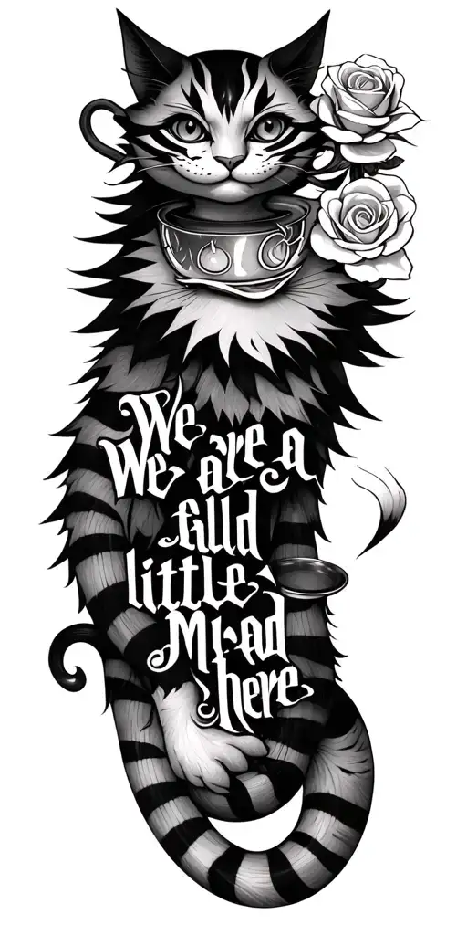 "We are all a little mad here" "We are all a little mad here" creepy smile cheshire cat with tail intertwined with tea cup and rose tattoo design idea