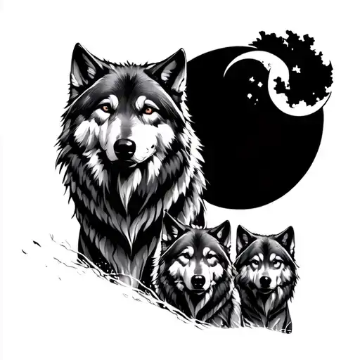 pack of wolves with the moon as a japanese loyalty symbol  tattoo design idea