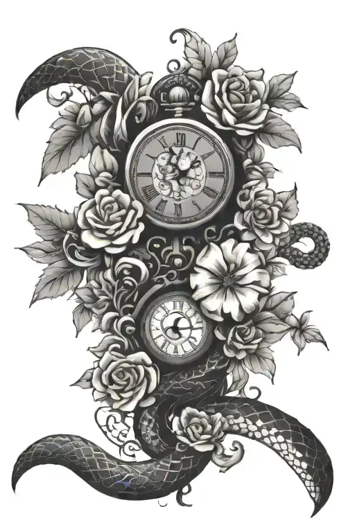 Clock with Snake and Flowers tattoo design idea