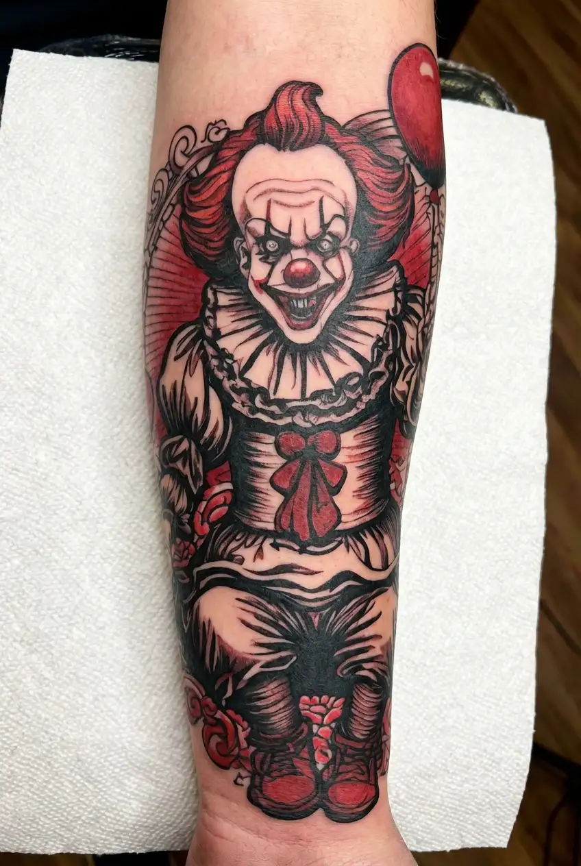pennywise clown with red balloon tattoo design idea
