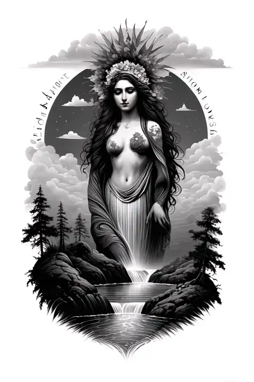 Arm sleeve with a woman at the top symbolising Mother Nature then it goes down to earth with water falls and finally int tattoo design idea