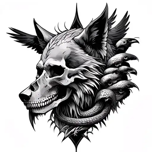 Norse mythology, Thor, Odin, skulls, wolves, ravens, midgaard serpent, ygrassill tree, realms tattoo design idea