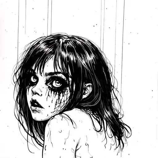 A sketch of a horror-style tattoo. all the lines are black. The girl looks seriously sideways with her eyes, in black ha tattoo design idea