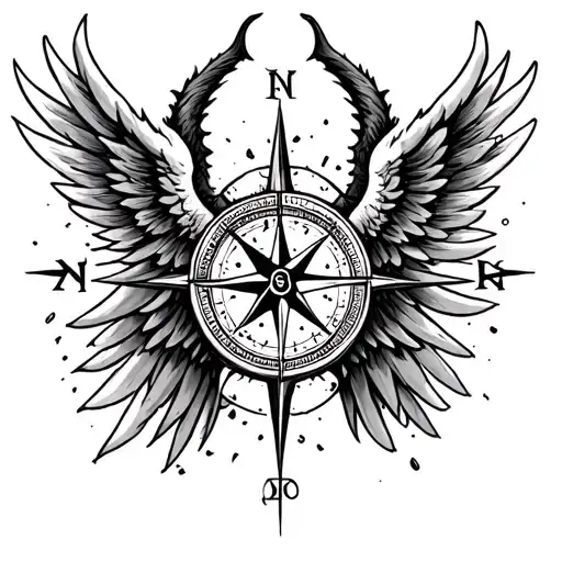 compass half demon angel wings tattoo design idea
