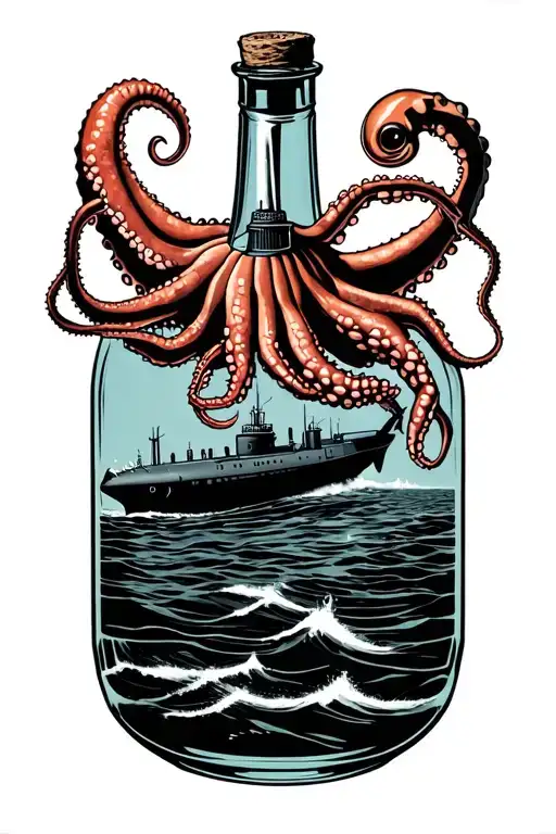 us navy submarine in a clear corked bottle on its side with a squid holding on to the bottle tattoo design idea