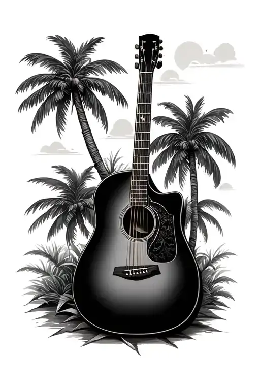real Martin acoustic guitar surrounded by 2 Palm trees tattoo design idea