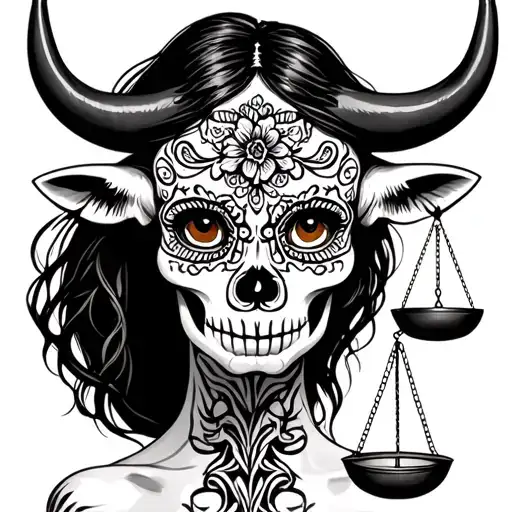 woman body bull with sugar skull markings, brown eyes and two Libra scales with extra dark background tattoo design idea