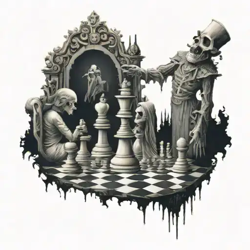 A macabre scene of a chess game played by ghosts in a haunted mansion, blending the love for horror and strategic thinking tattoo design idea