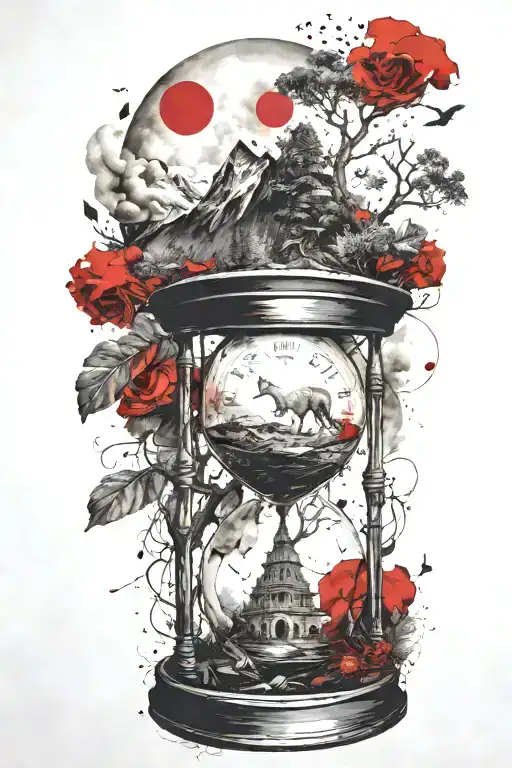 mountains, clouds, animals, hourglass , tree tattoo design idea