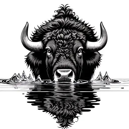 bison head drinking water with reflection black and white tattoo design idea