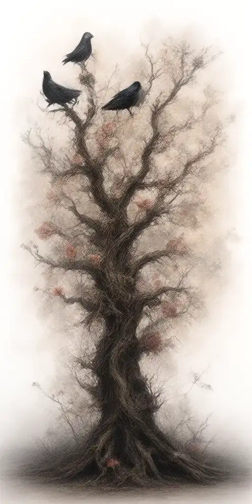 crooked scary looking tree wich gnarled and snapped branches. ravens perched amongst the branches roses weaving amongst tattoo design idea