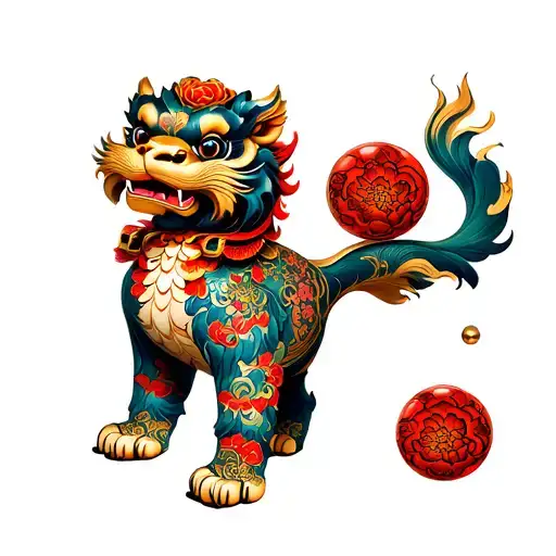 male foo dog with orb tattoo design idea