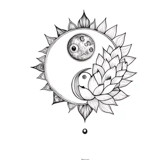 lotus flower, sun, moon and yin and yang tattoo design idea