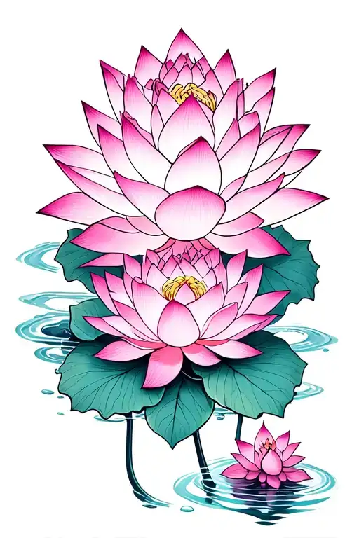  Many Lotuses, leaves, water, Gothic, different shades of pink. and purple, the lines are different in thickness tattoo design idea