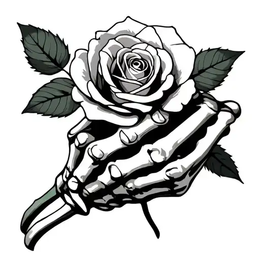 skeleton hand holding rose tattoo design idea