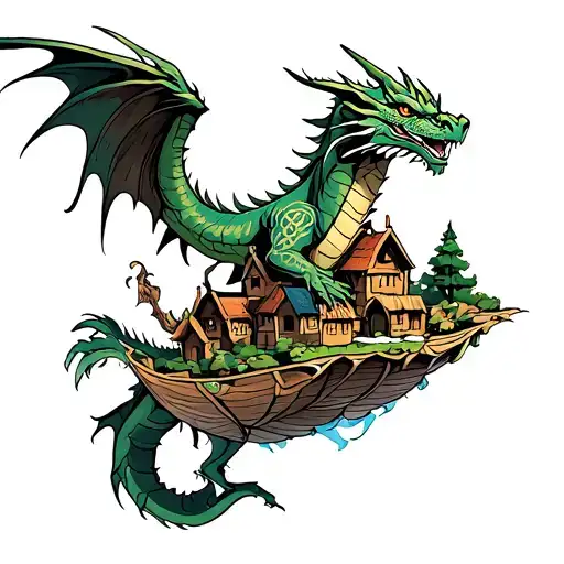 A Celtic-inspired tattoo of a dragon flying over a tribal village floating in the air tattoo design idea