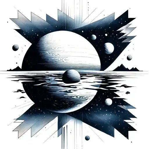 planets. universes, stars over a mirrored ocean tattoo design idea