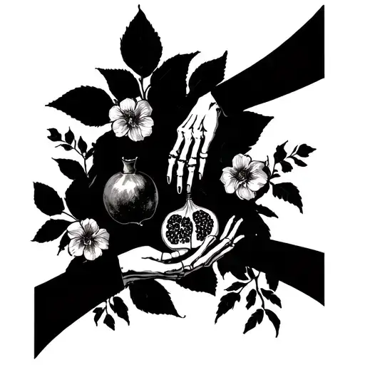 skeleton hand reaching to hold a woman's hand and pomegranate and flowers tattoo design idea
