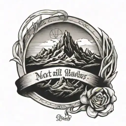 mountain peak encircled by the one ring from LOTR with the words "not all who wander are lost" tattoo design idea
