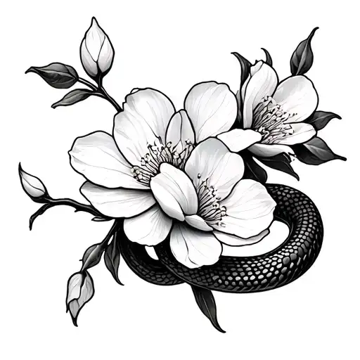 Almond Blossom with snake intertwined tattoo design idea